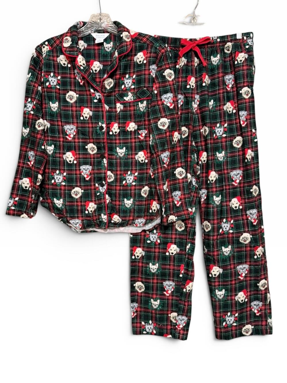 Sleep Sense Portuguese Flannel Christmas Dog Plaid Pajama Set Holiday Size S